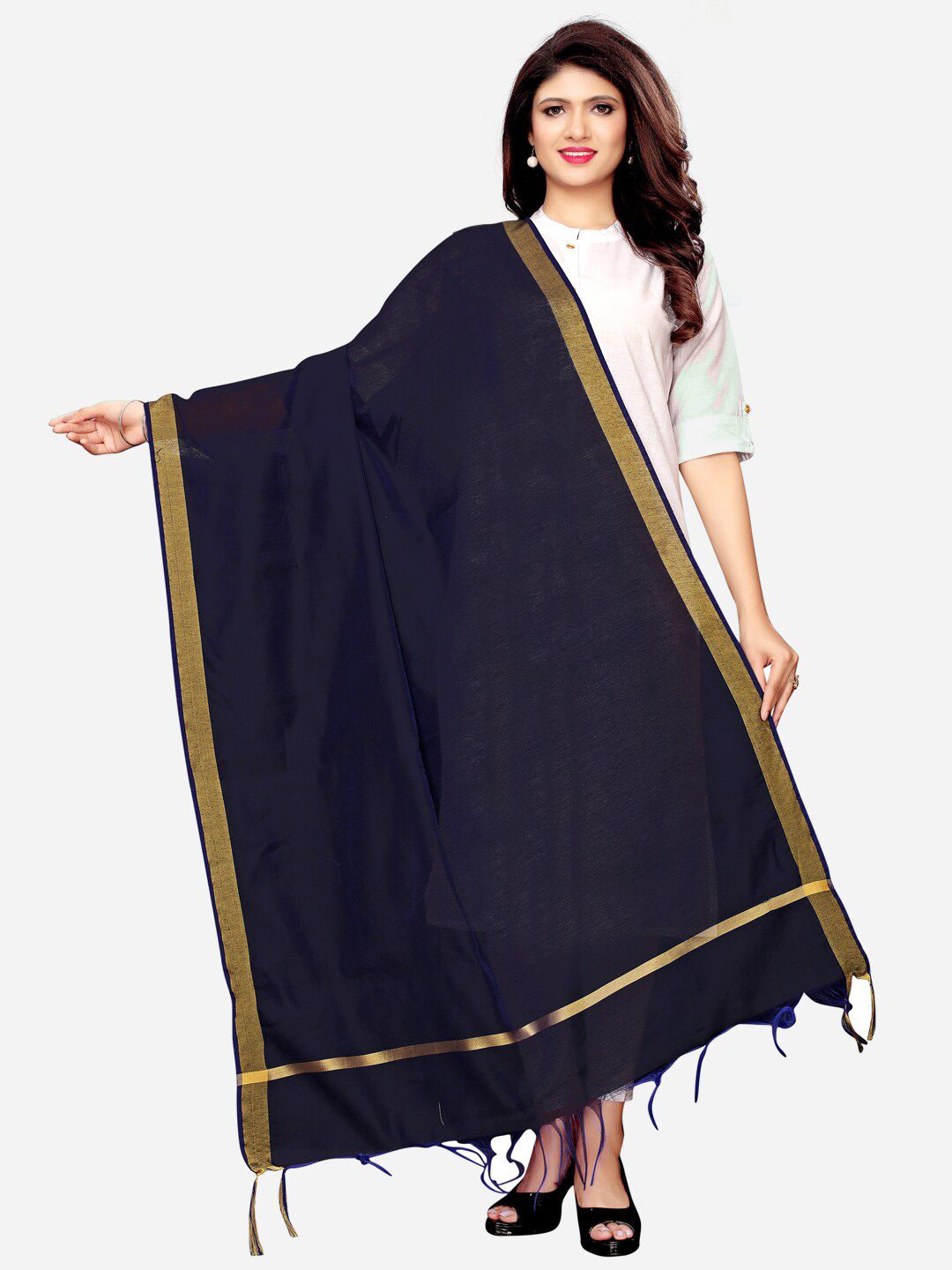 SIRIL Navy Blue & Gold-Toned Dyed Cotton Silk Dupatta Price in India