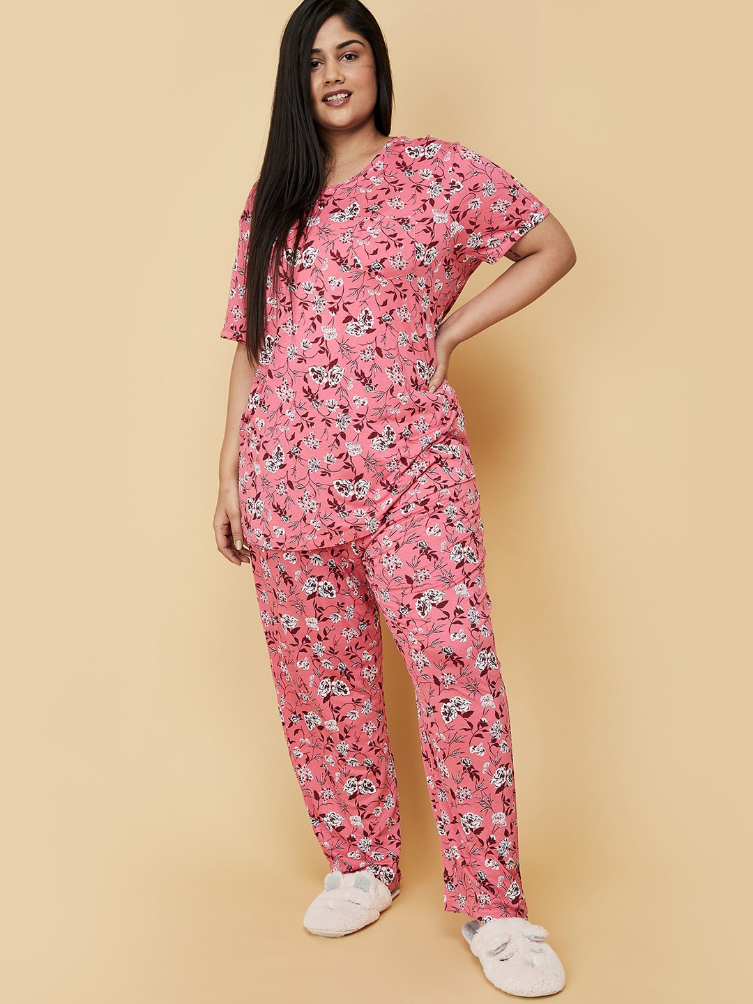 max Women Pink & White Printed Pure Cotton Night suit Price in India