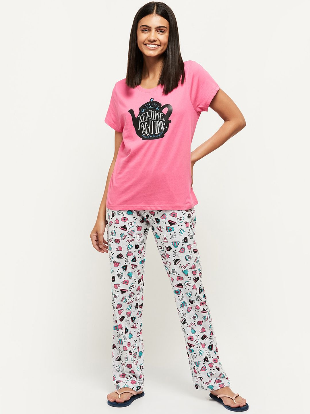 max Women Pink & White Printed Pure Cotton Night suit Price in India