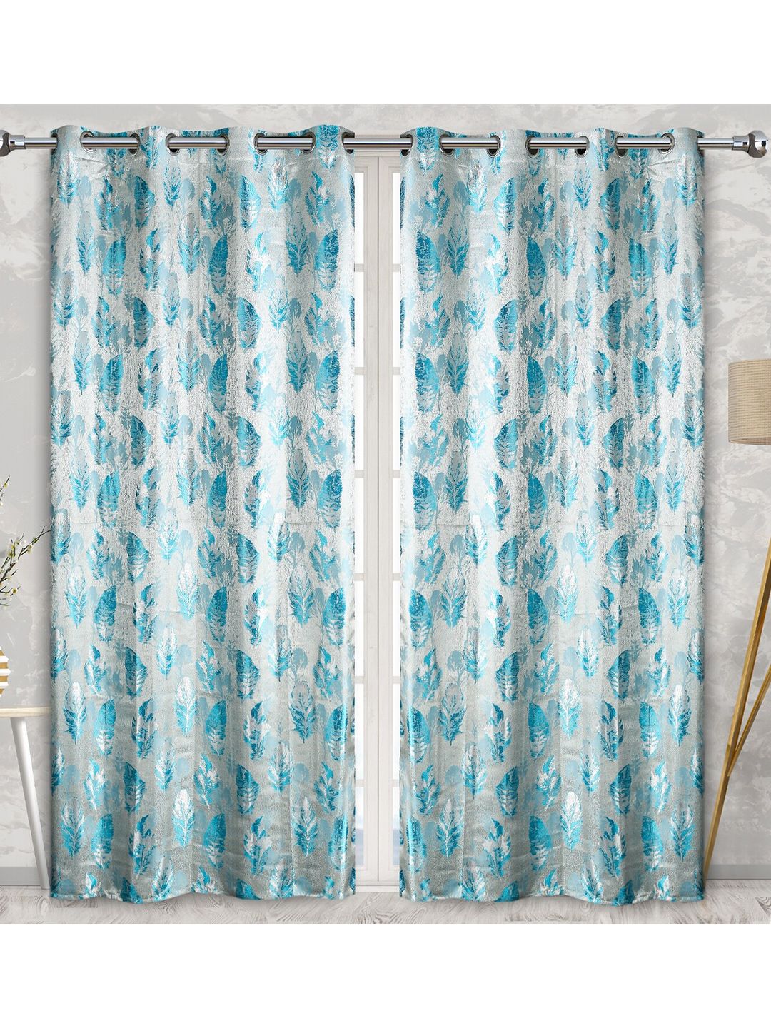 Fresh From Loom Turquoise Blue & White Set of 2 Printed Room Darkening Door Curtain Price in India