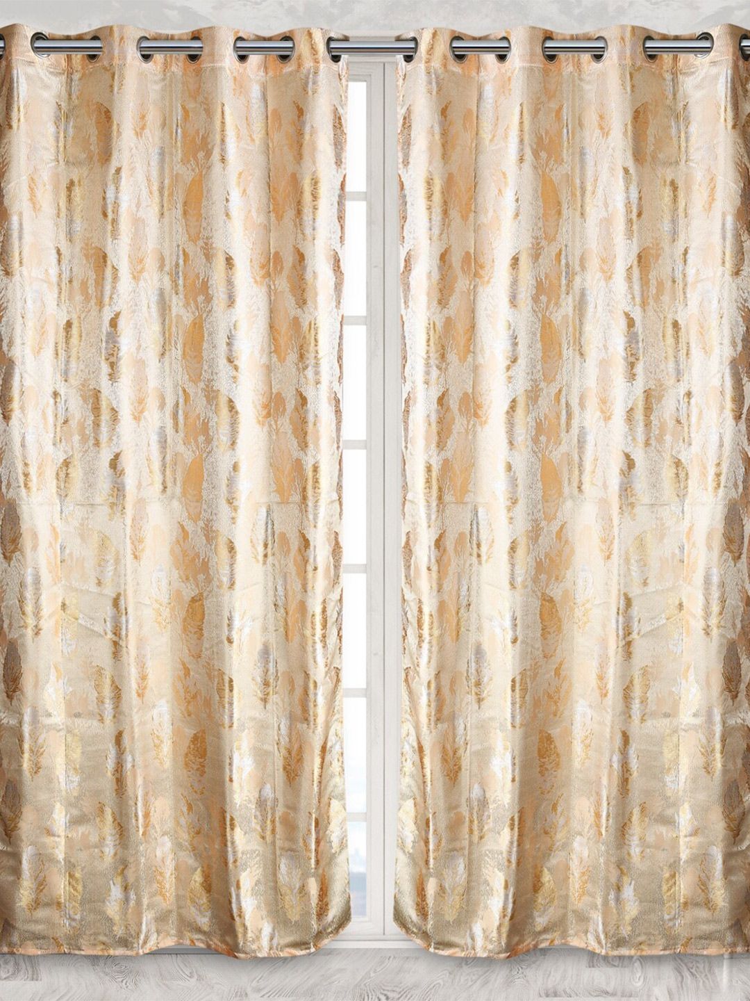 Fresh From Loom Gold-Toned & White Set of 2 Room Darkening Window Curtain Price in India