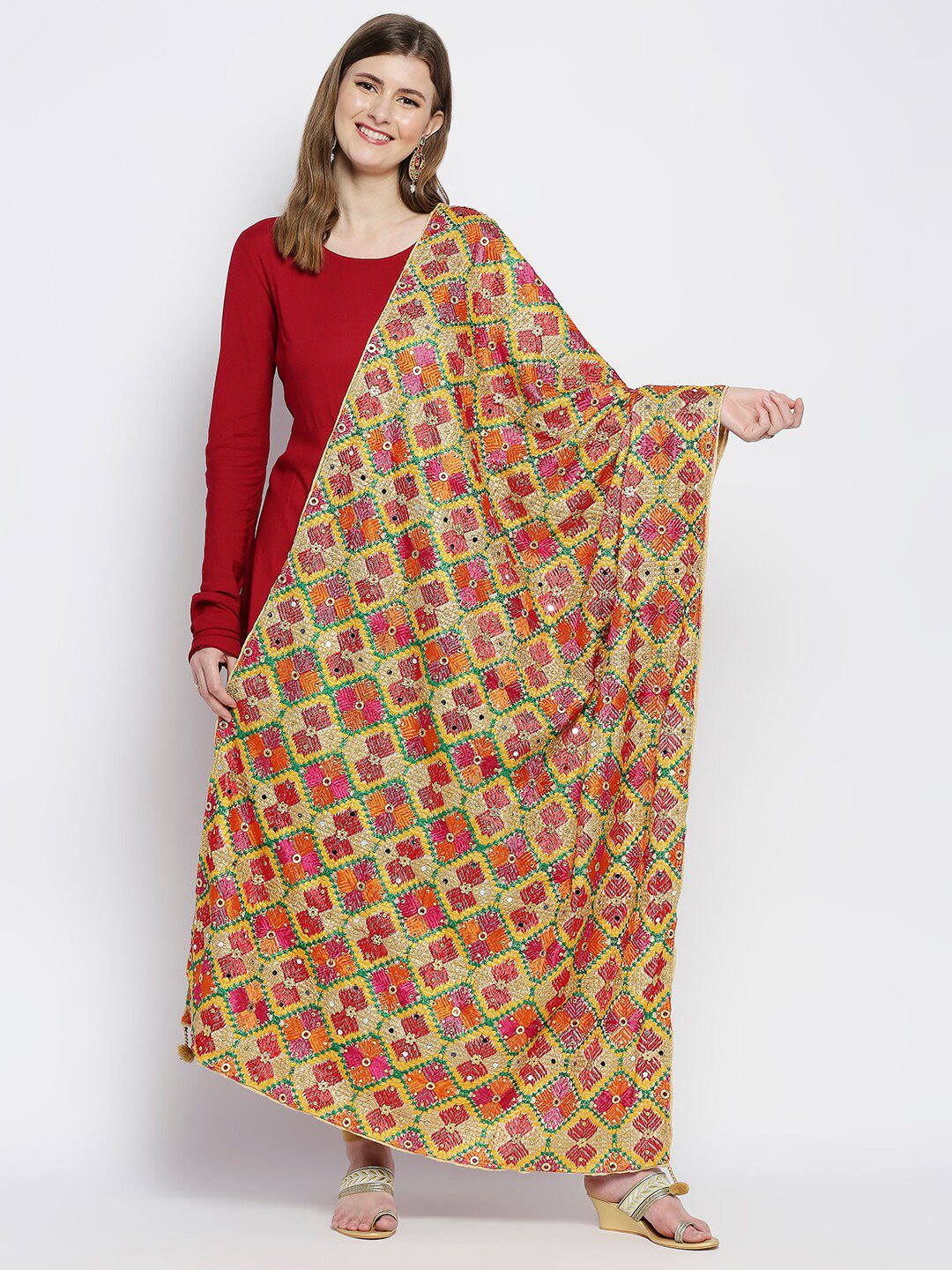 Dupatta Bazaar Beige & Red Embroidered Dupatta with Phulkari Price in India