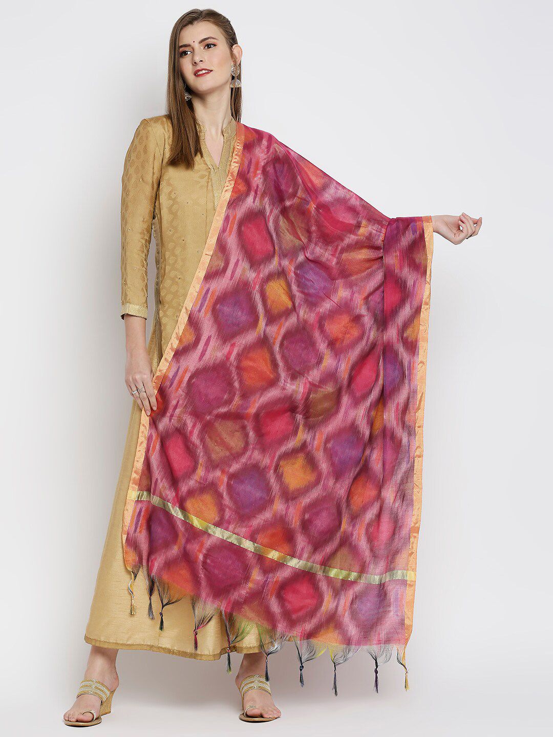 Dupatta Bazaar Pink & Yellow Dyed Cotton Silk Dupatta Price in India