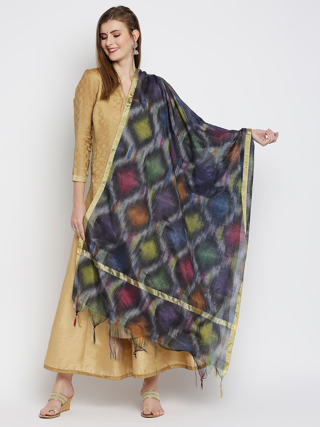 Dupatta Bazaar Women Blue & Gold-Toned Woven Design Cotton Silk Dupatta Price in India