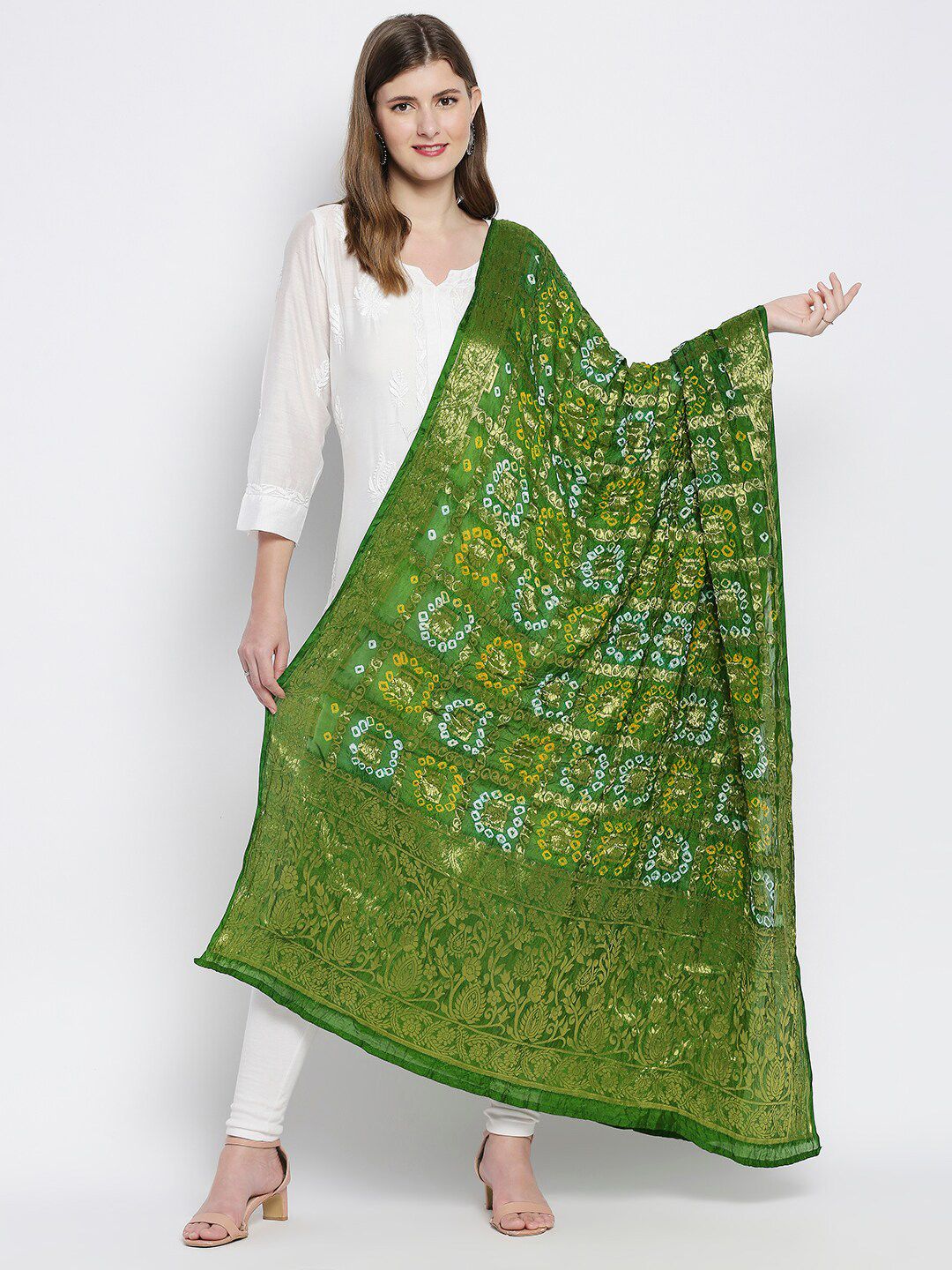 Dupatta Bazaar Olive Green & Blue Woven Design Tie and Dye Dupatta Price in India