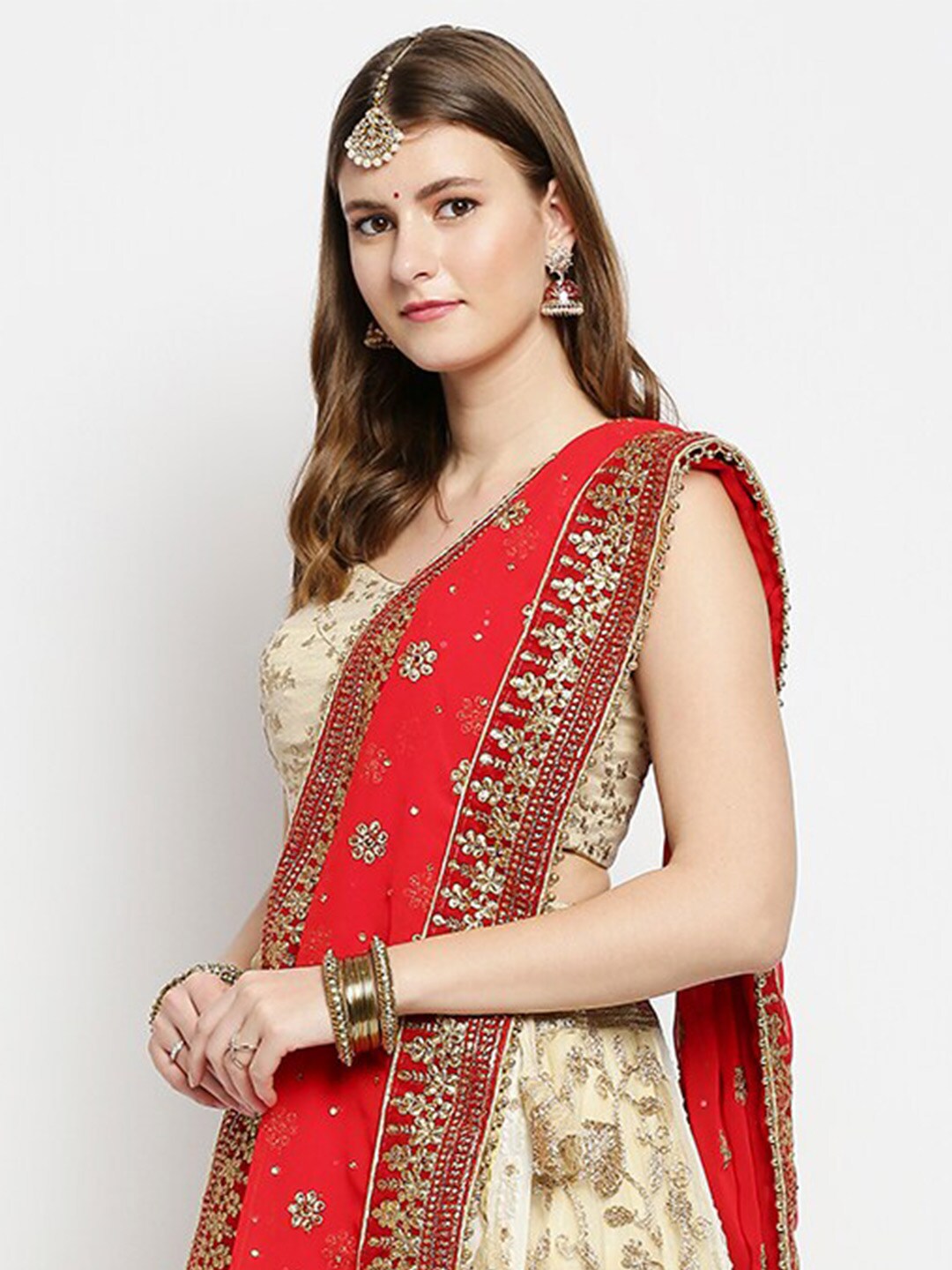 Dupatta Bazaar Red & Gold-Toned Ethnic Motifs Embroidered Dupatta with Zardozi Price in India
