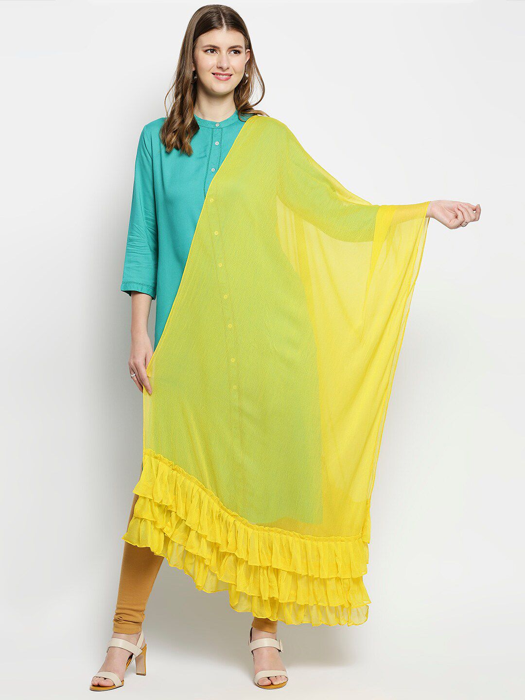 Dupatta Bazaar Women Yellow Solid Ruffles Chiffon Dupatta Price in India