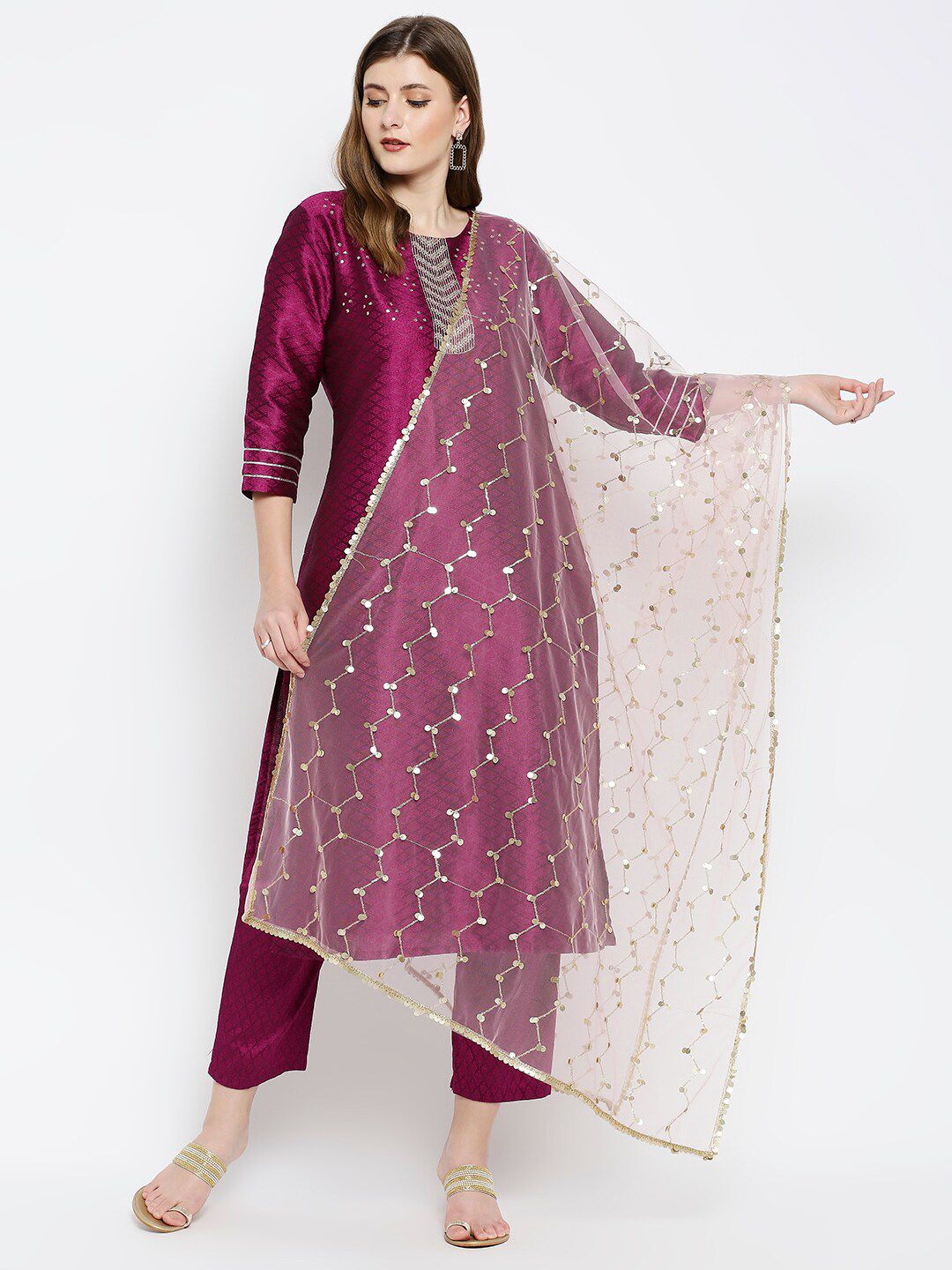 Dupatta Bazaar Pink & Gold-Toned Ethnic Motifs Embroidered Dupatta with Sequinned Price in India