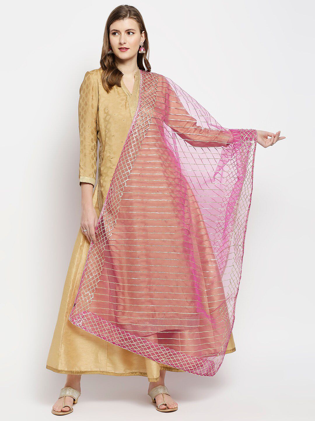 Dupatta Bazaar Pink & Gold-Toned Embroidered Dupatta with Gotta Patti Price in India