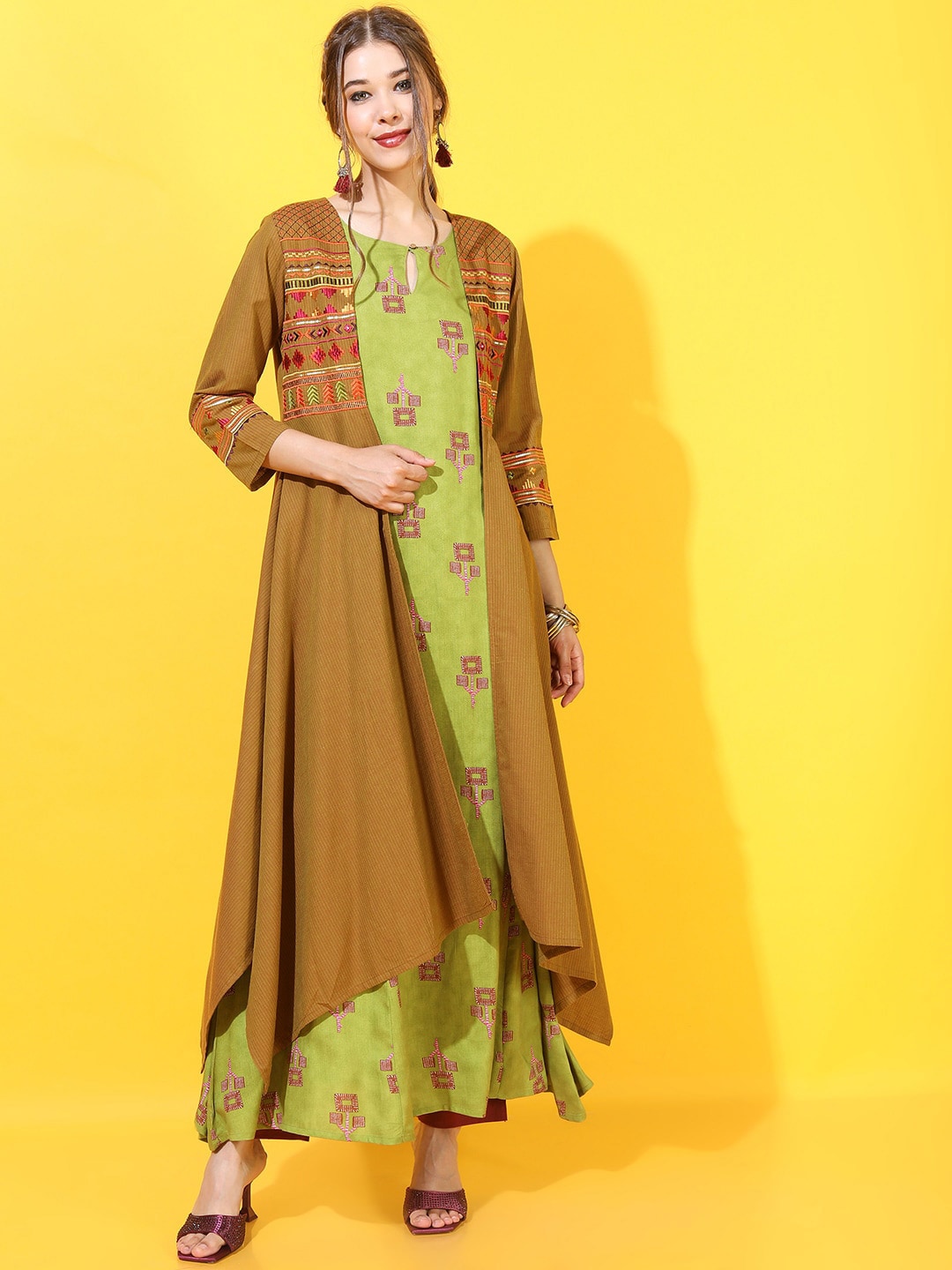 Vishudh Women Olive Green Floral Cotton Ethnic Maxi Dress With Jacket Price in India