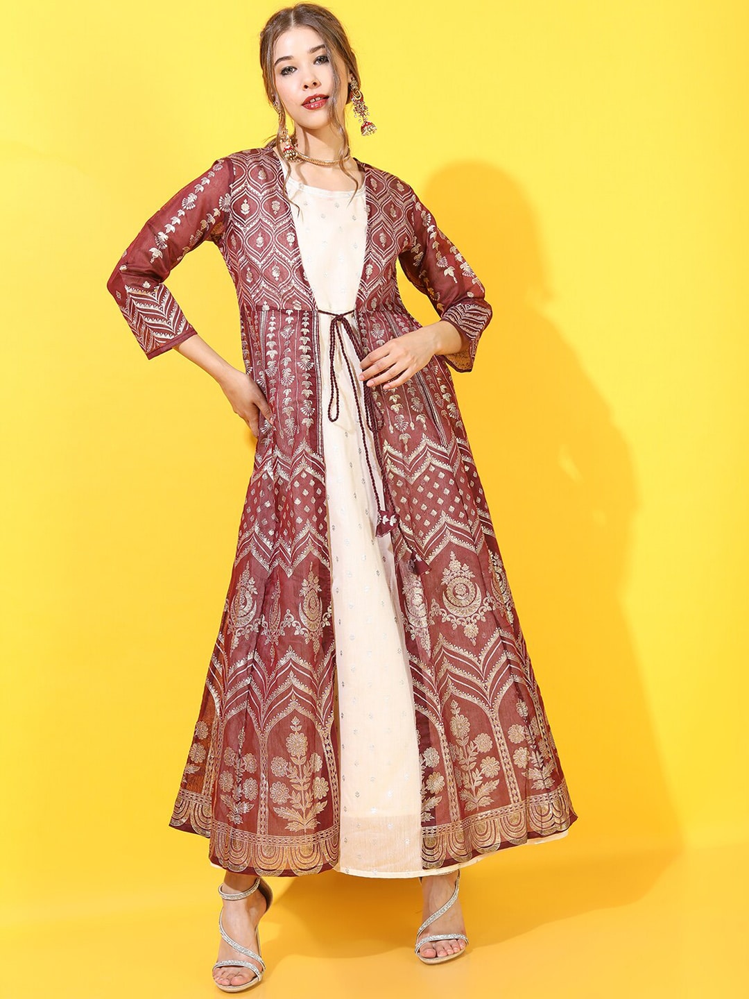 Vishudh Women Maroon Printed Longline Open Front Ethnic Jacket Price in India
