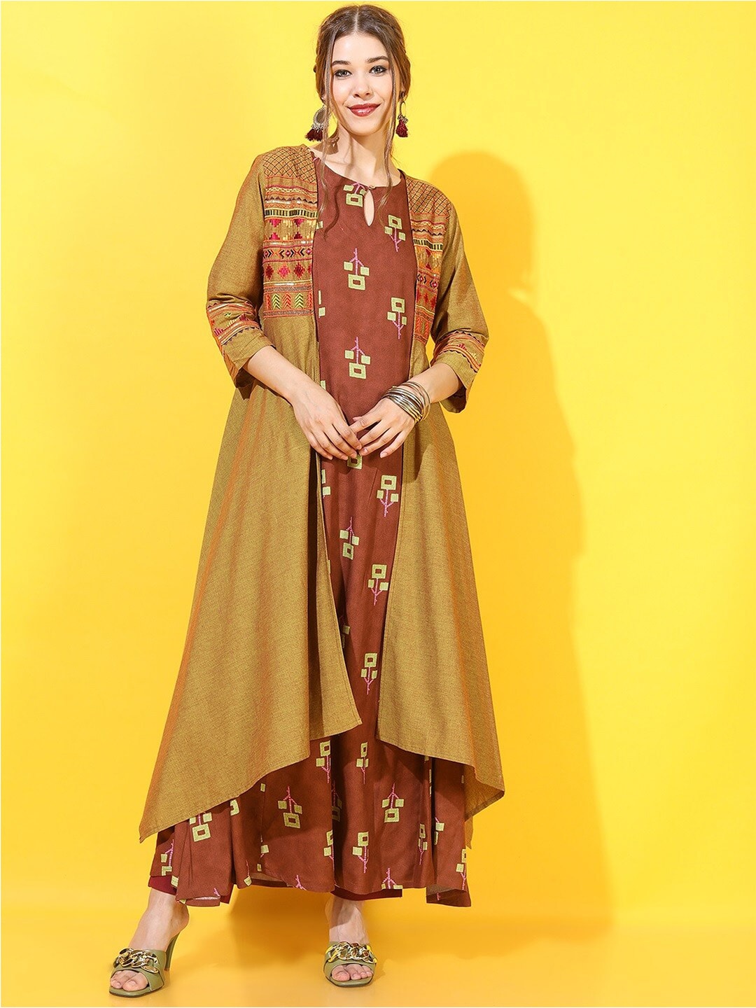 Vishudh Women Brown Floral Cotton Ethnic Maxi Dress With Jacket Price in India