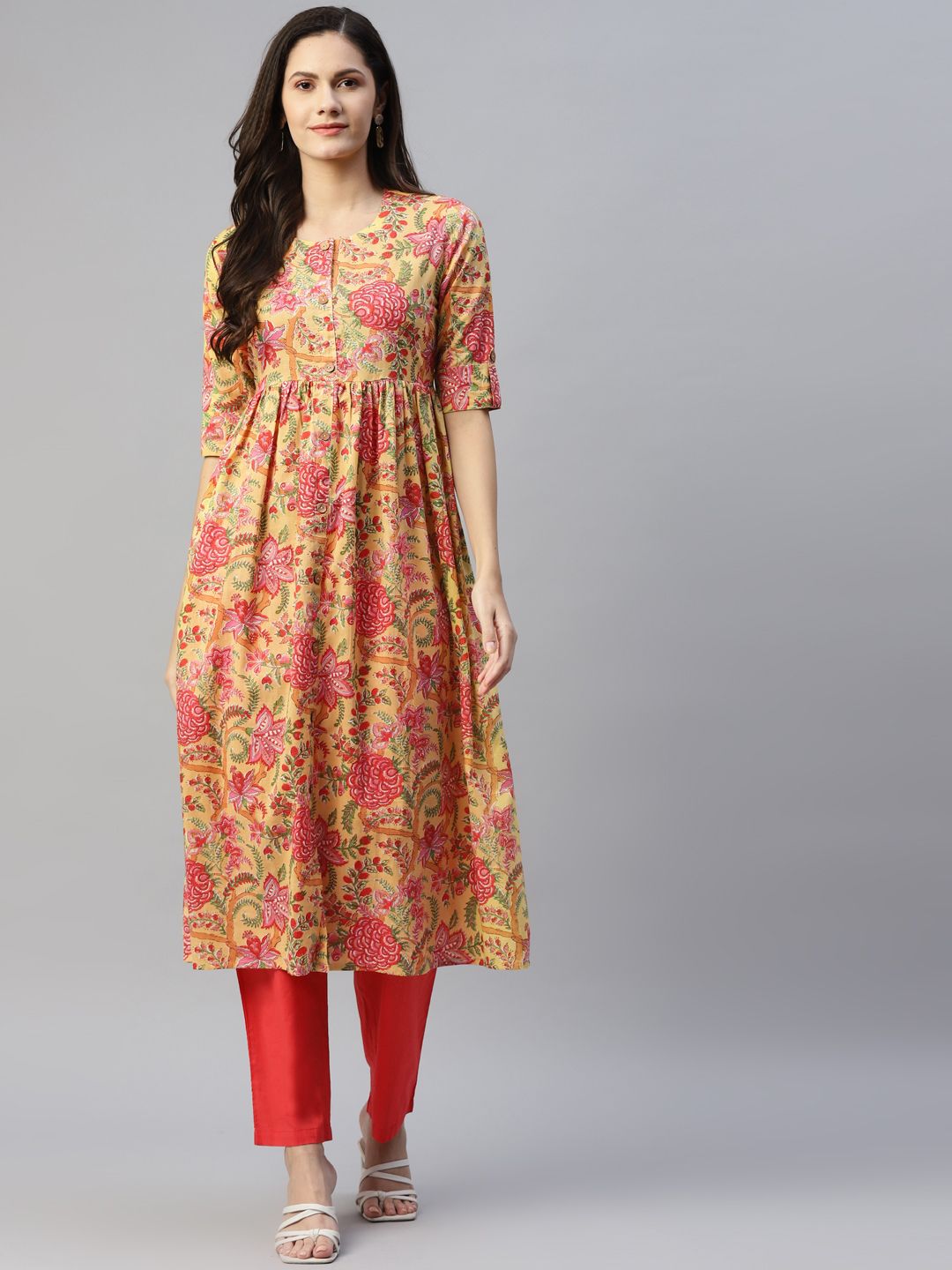 MALHAAR Women Yellow & Pink Ethnic Motifs Printed Cotton Anarkali Kurta Price in India