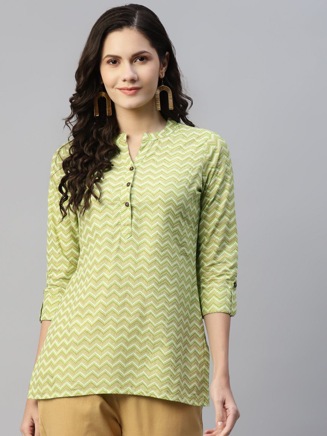 MALHAAR Olive Green Chevron Printed Pure Cotton Kurti