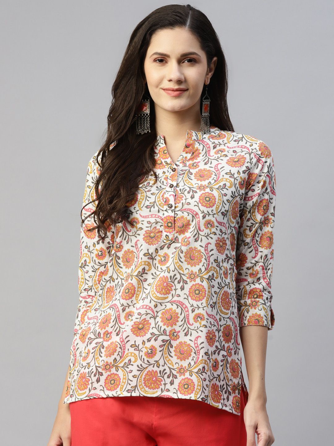 MALHAAR White & Orange Ethnic Motifs Printed Pure Cotton Kurti Price in India