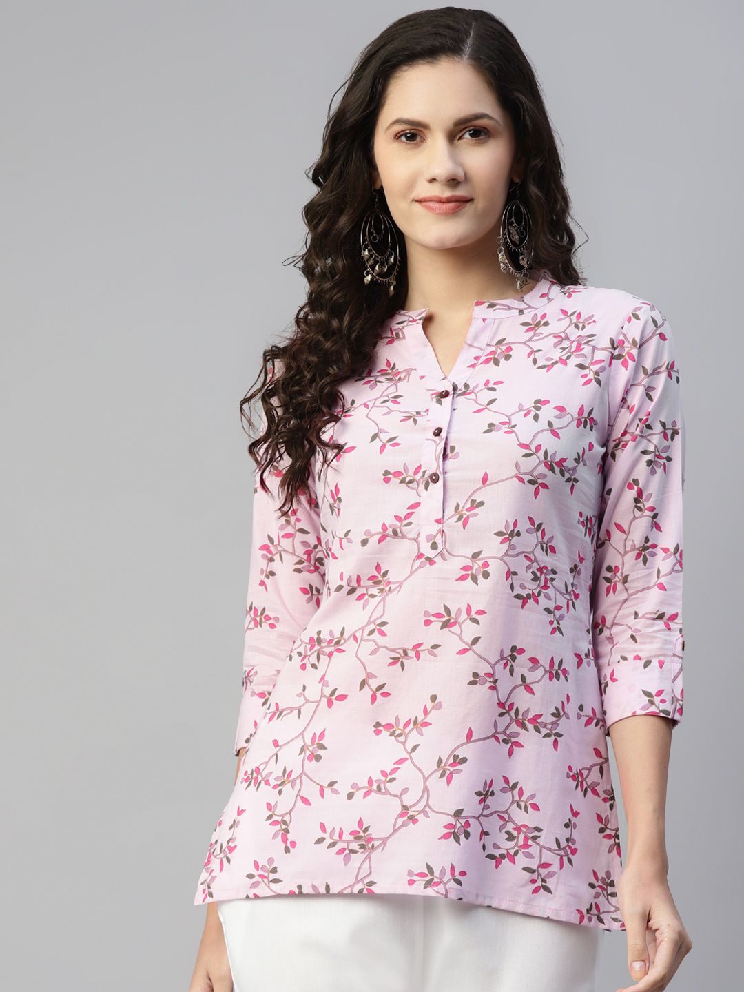 MALHAAR Pink Floral Printed Pure Cotton Kurti Price in India