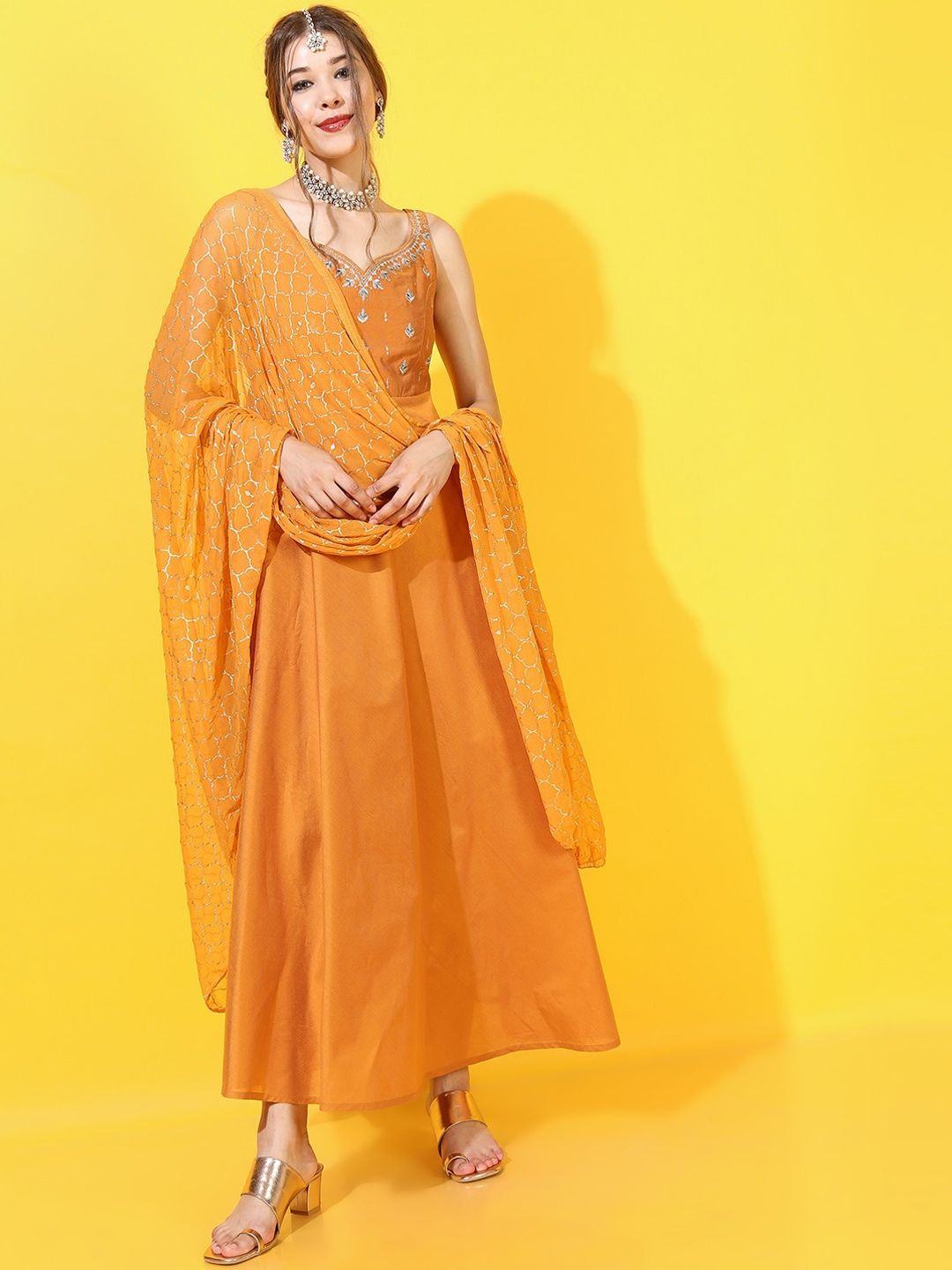 Vishudh Women Yellow Ethnic Motifs Embellished Thread Work Anarkali Kurta Price in India