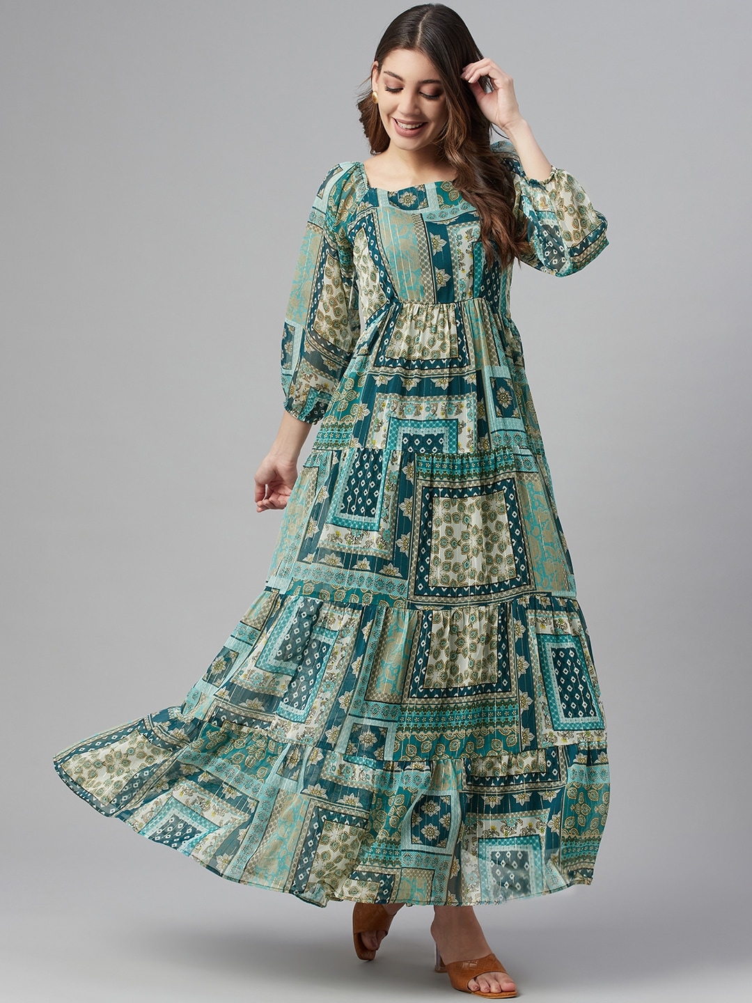 Cottinfab Women Green & Blue Ethnic Printed A-Line Maxi Dress Price in India