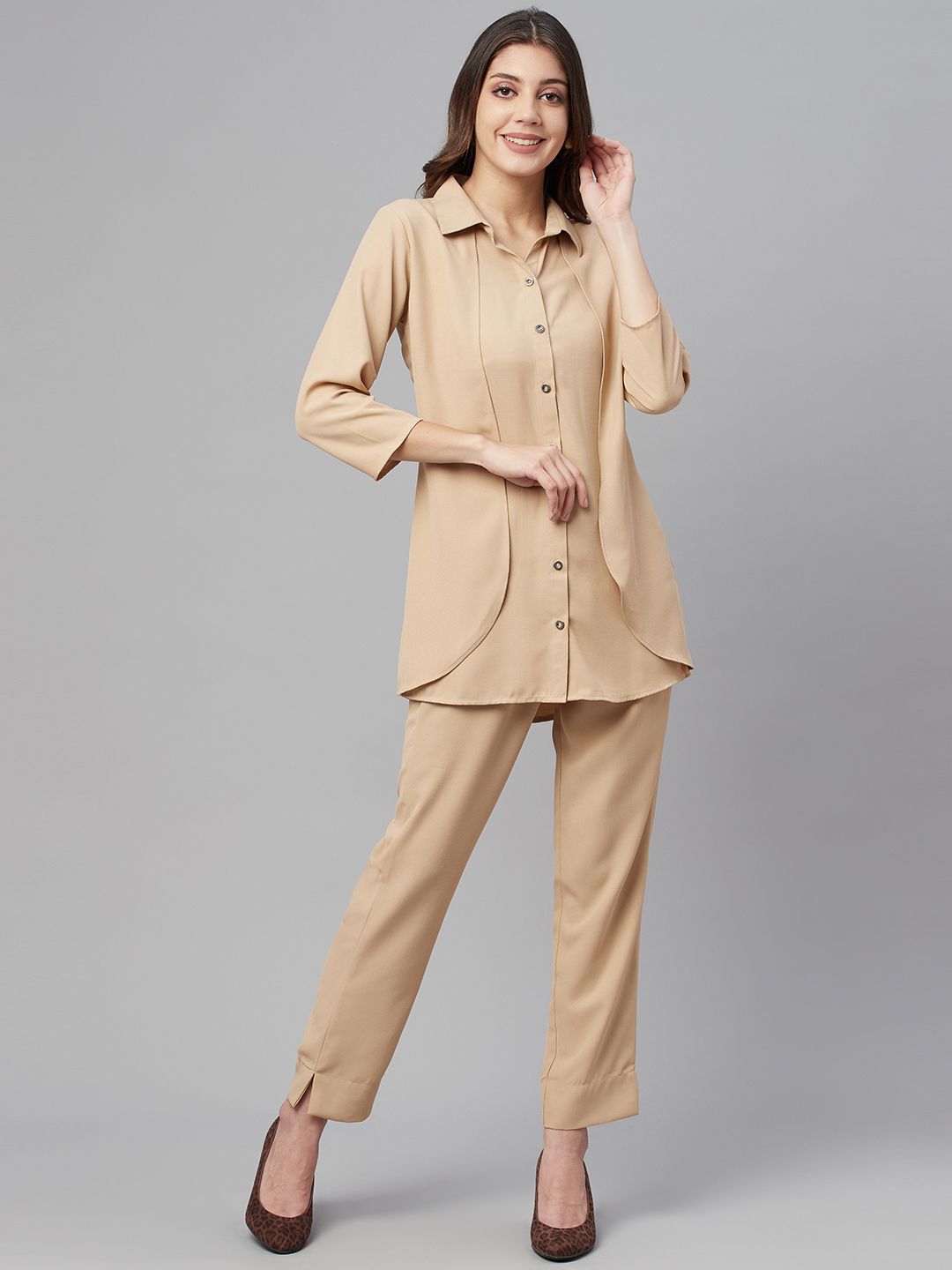 Cottinfab Women Beige Solid Shirt with Trousers Price in India