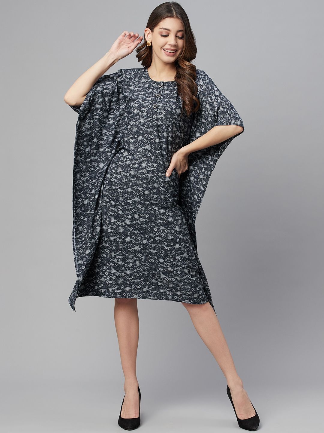 Cottinfab Women Navy Blue & Grey Printed Kaftan Dress Price in India