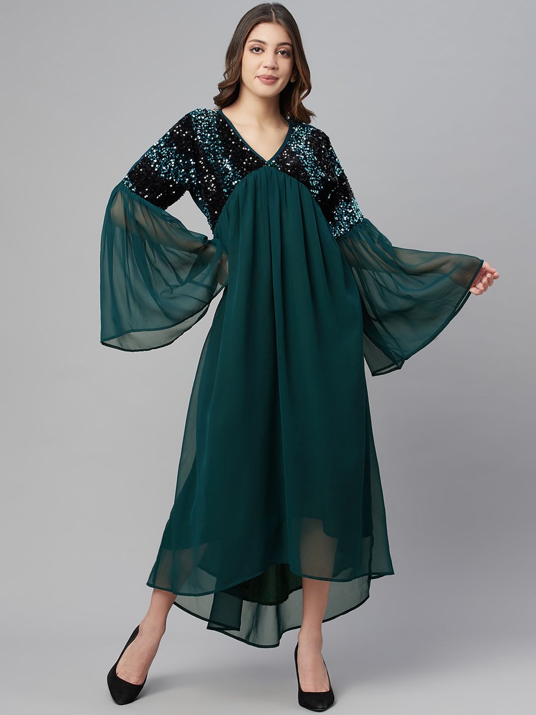 Cottinfab Women Green & Black Georgette Maxi Dress Price in India