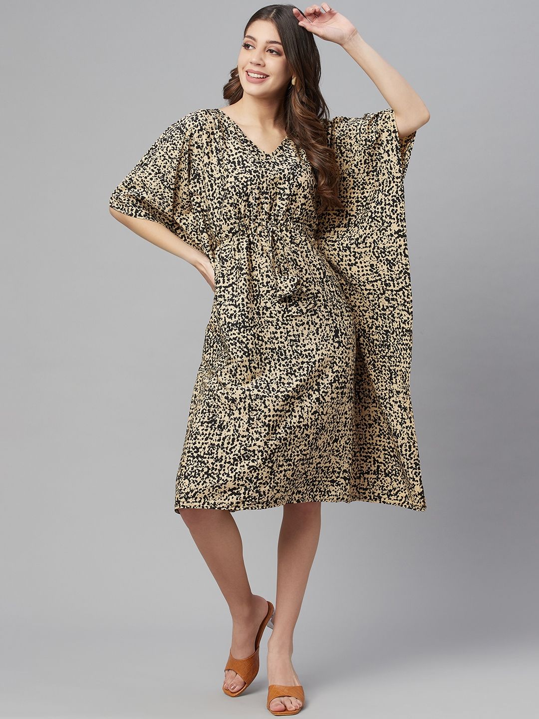 Cottinfab Women Beige & Black Printed Kaftan Midi Dress Price in India