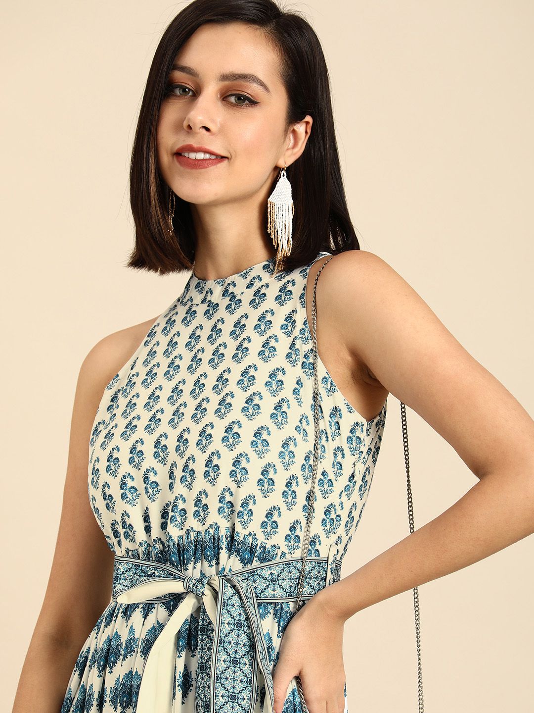 Anouk Off White & Navy Blue Ethnic Digital Print Crepe A-Line Midi Dress With Belt Price in India