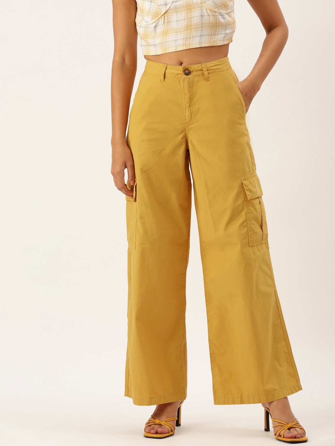 FOREVER 21 Women Gold-Toned Solid Pure Cotton Cargos Trousers Price in India