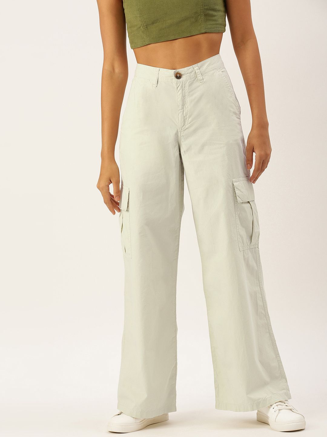 FOREVER 21 Women Grey Solid Pure Cotton Cargos Trousers Price in India