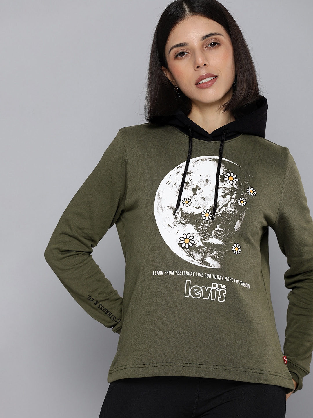 Levis Women Olive Green & white Printed Pure Cotton Hooded Sweatshirt Price in India