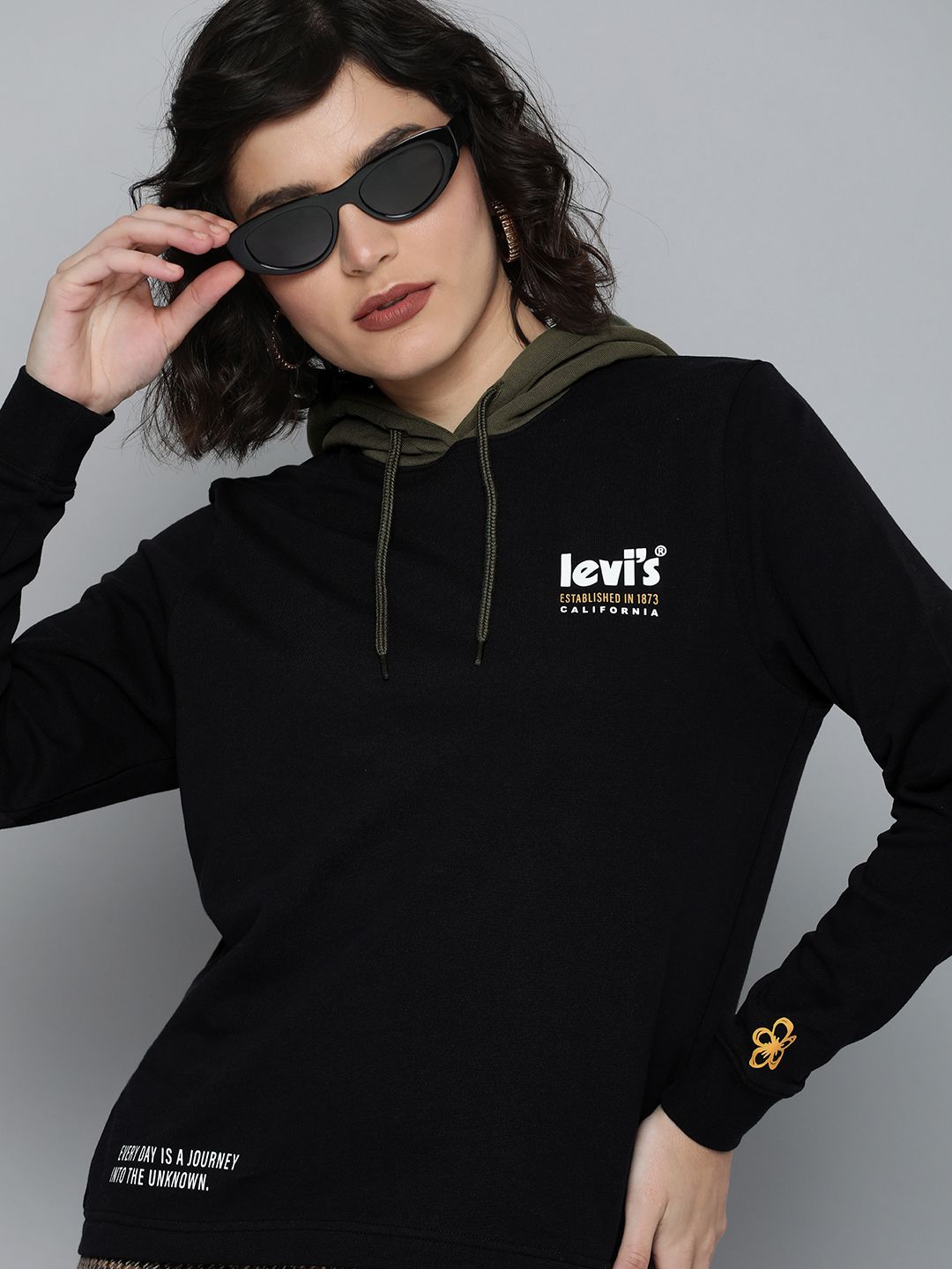 Levis Women Black Brand Logo Printed Hooded Sweatshirt Price in India