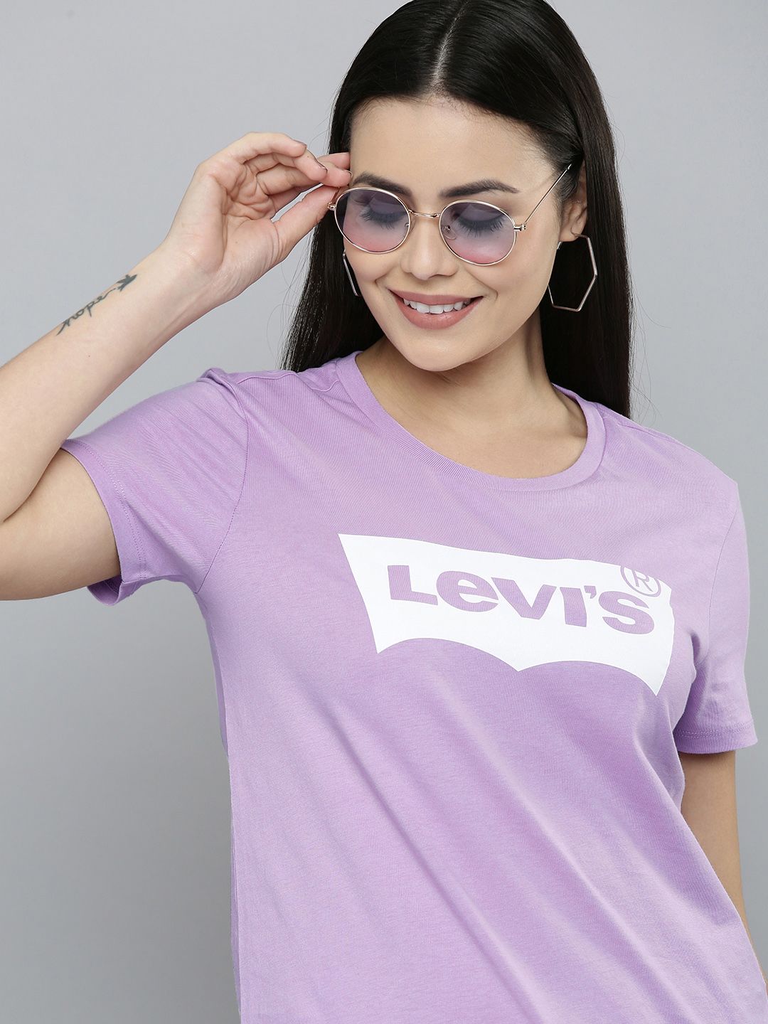 Levis Women Purple & White Printed Pure Cotton T-shirt Price in India