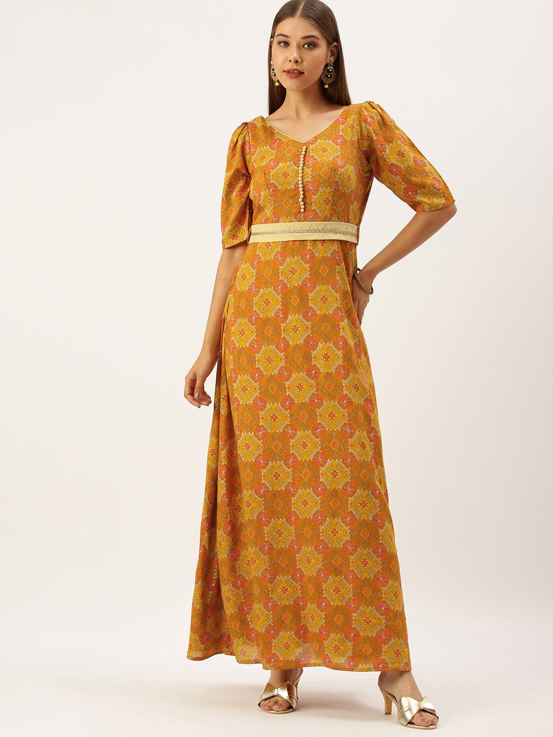 EthnoVogue Women Mustard Yellow & Rust Orange Ethnic Motifs Printed Maxi Dress Price in India