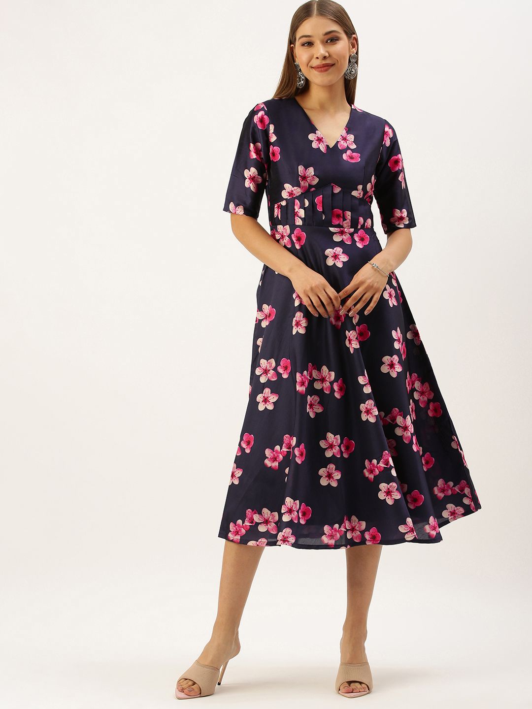 EthnoVogue Women Navy Blue & Pink Floral Printed A-Line Midi Dress Price in India