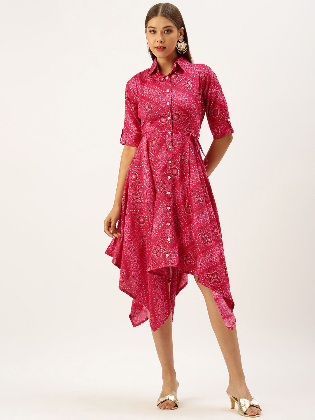 EthnoVogue Women Pink & White Bandhani Printed Shirt Midi Dress Comes With a Belt Price in India