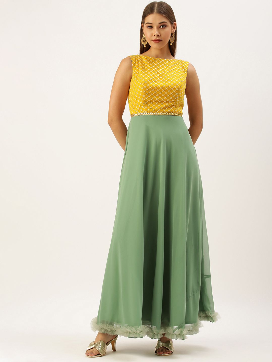 EthnoVogue Women Green & Mustard Yellow Embroidered Ethnic Maxi Dress Price in India