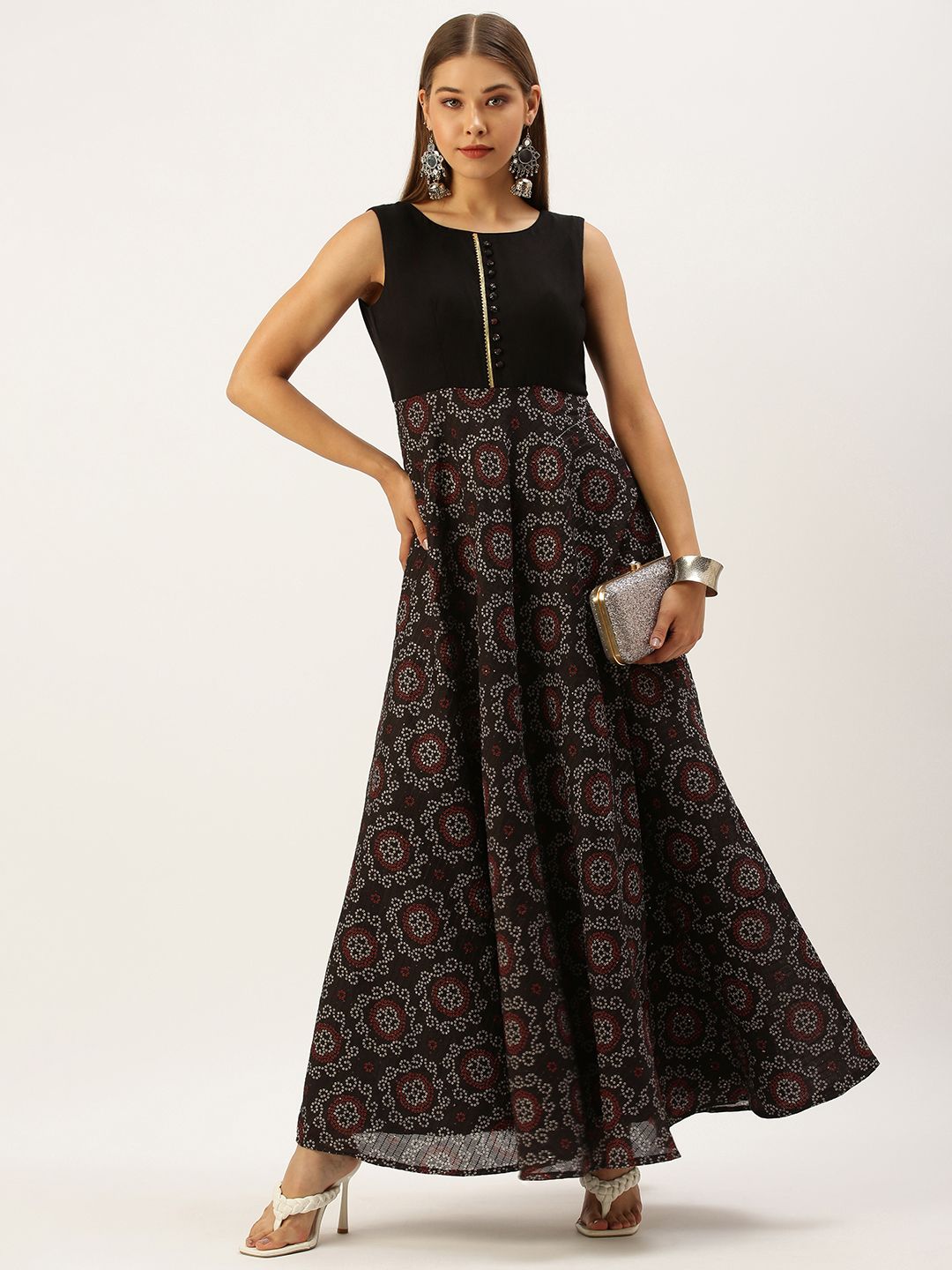 EthnoVogue Women Black & Maroon Ethnic Motifs Printed Maxi Dress Price in India