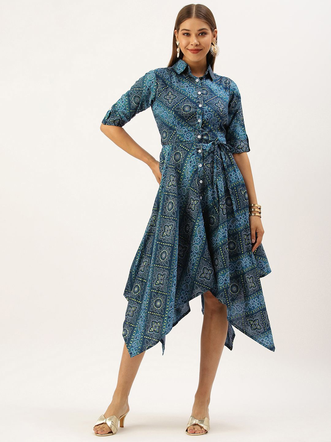EthnoVogue Women Blue & White Bandhani Printed Shirt Midi Dress Comes With a Belt Price in India