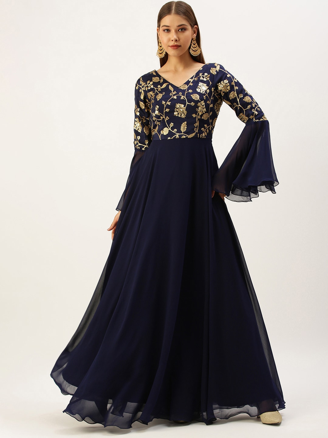 EthnoVogue Women Navy Blue Floral Embroidered Ethnic Maxi Dress Price in India