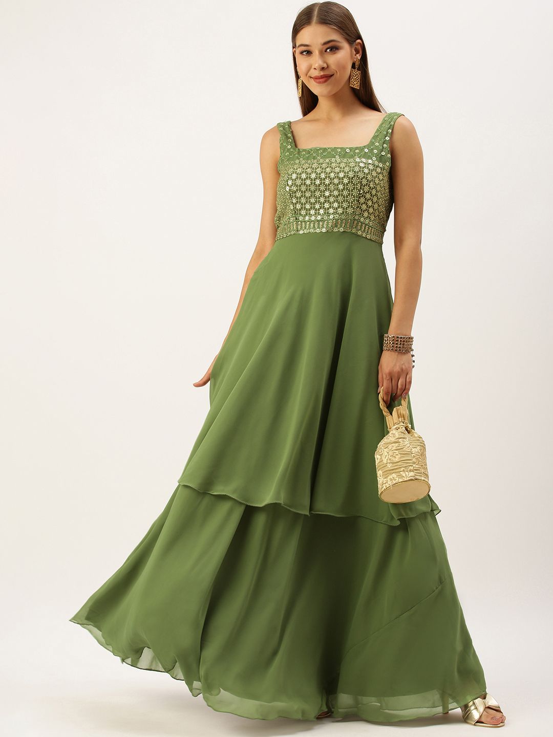 EthnoVogue Women Green Embroidered Layered Ethnic Maxi Dress Price in India