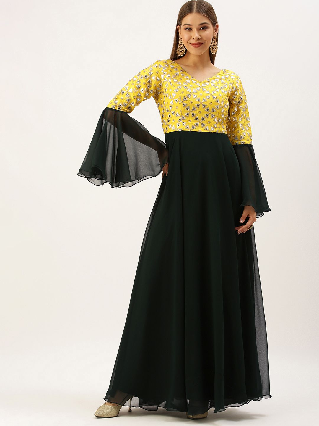 EthnoVogue Women Green & Yellow Embroidered Ethnic Maxi Dress Price in India
