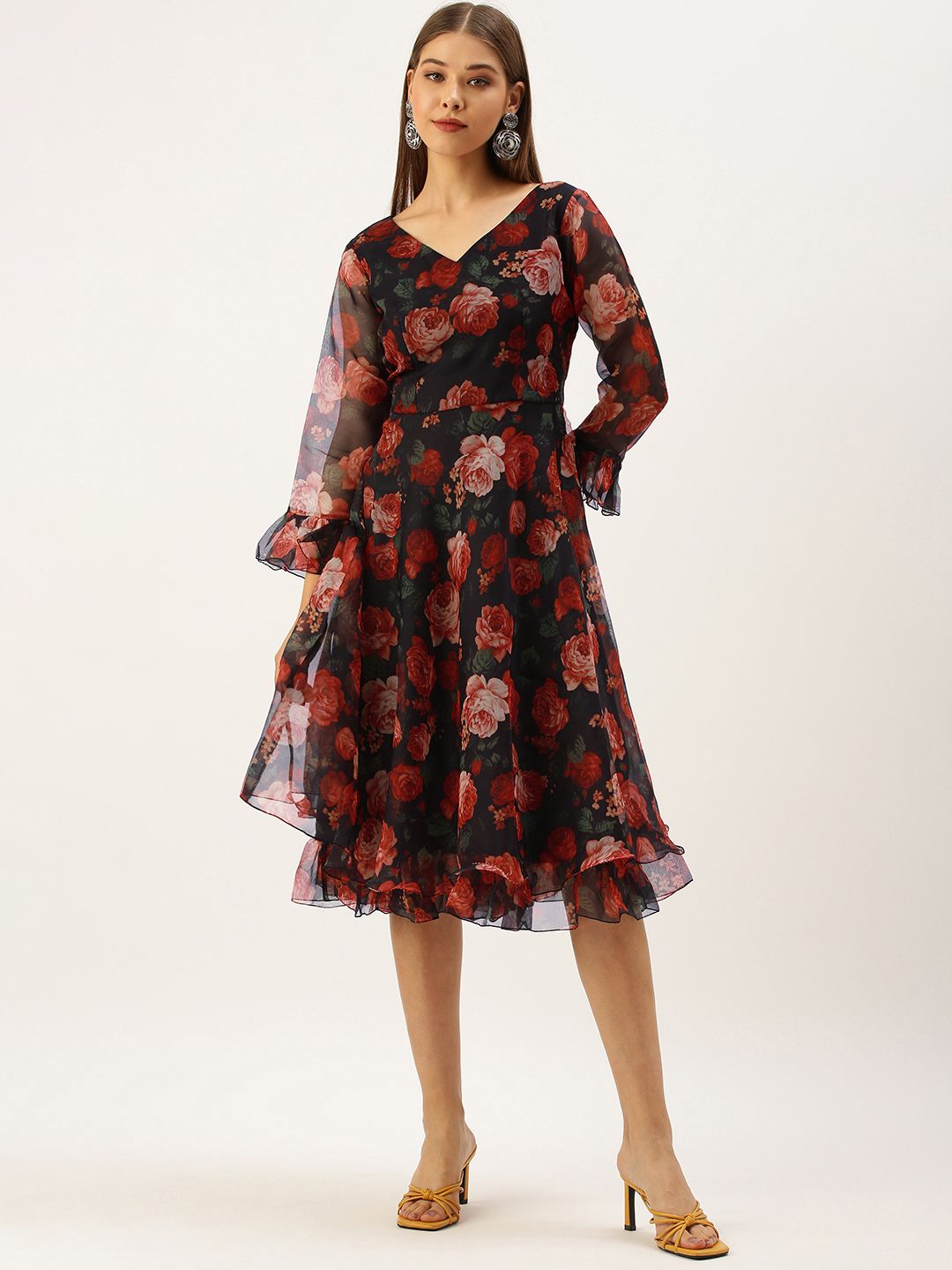 EthnoVogue Women Black & Red Floral Printed Layered A-Line Midi Dress Price in India