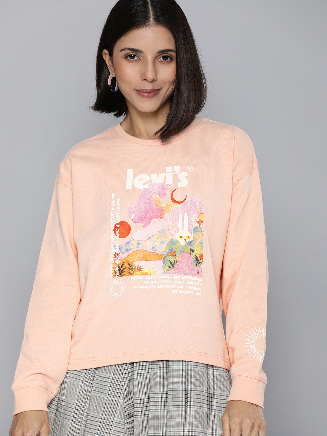 Levis Women Peach-Coloured Printed Drop-Shoulder Sweatshirt Price in India