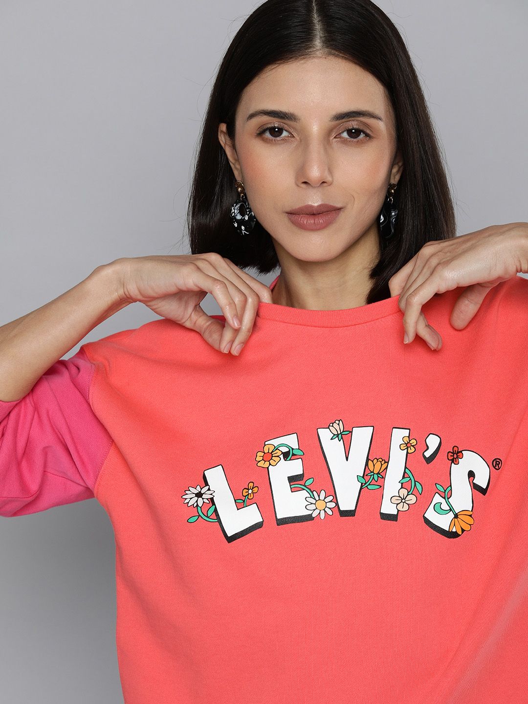 Levis Women Coral Pink Brand Logo Printed Pure Cotton Sweatshirt Price in India