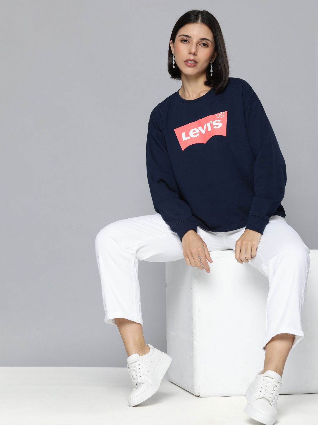 Levis Women Navy Blue Brand Logo Printed Pure Cotton Sweatshirt Price in India