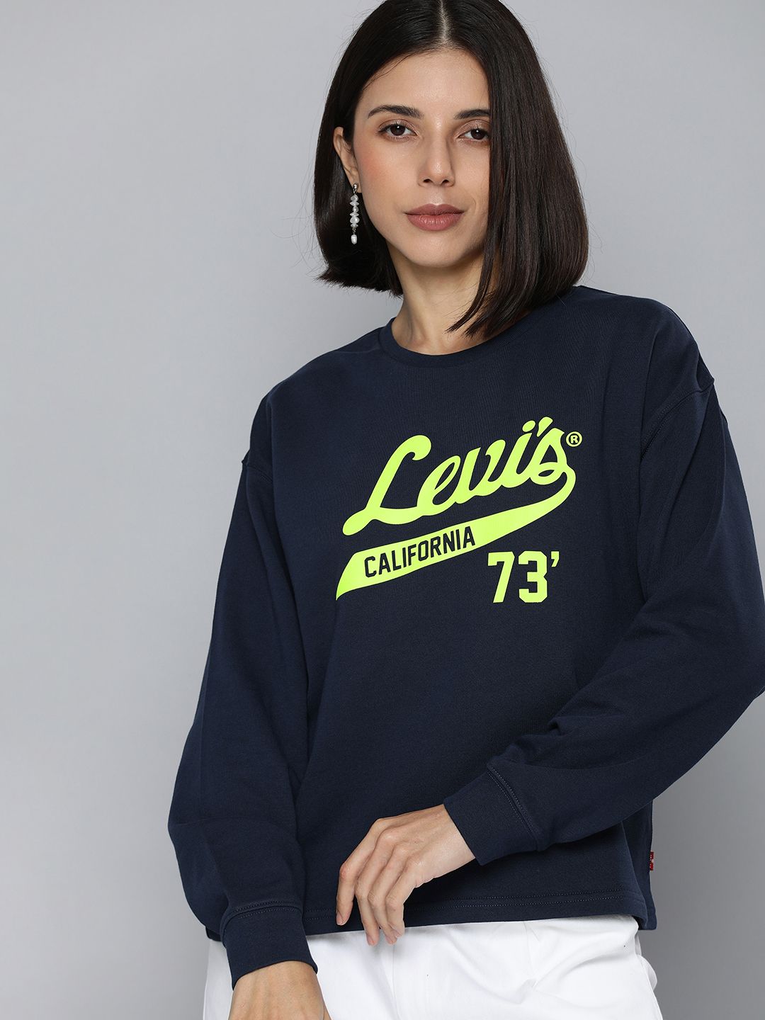 Levis Women Navy Blue & Fluroscent Green Brand Logo Printed Pure Cotton Sweatshirt Price in India