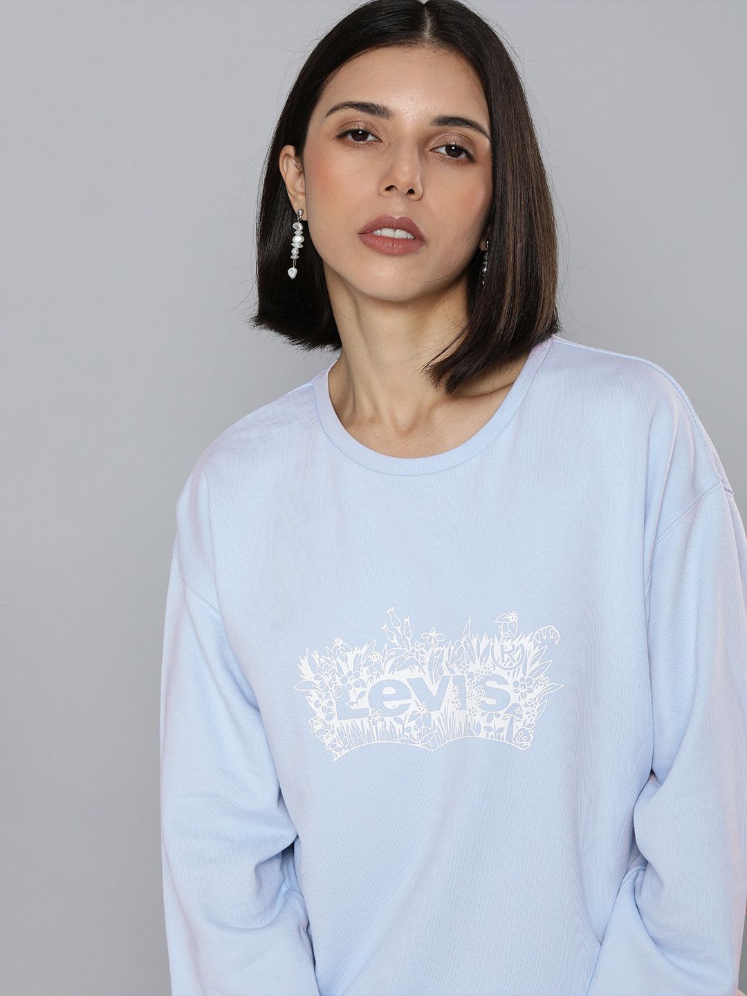 Levis Women Light Blue & White Brand Logo Printed Pure Cotton Sweatshirt Price in India