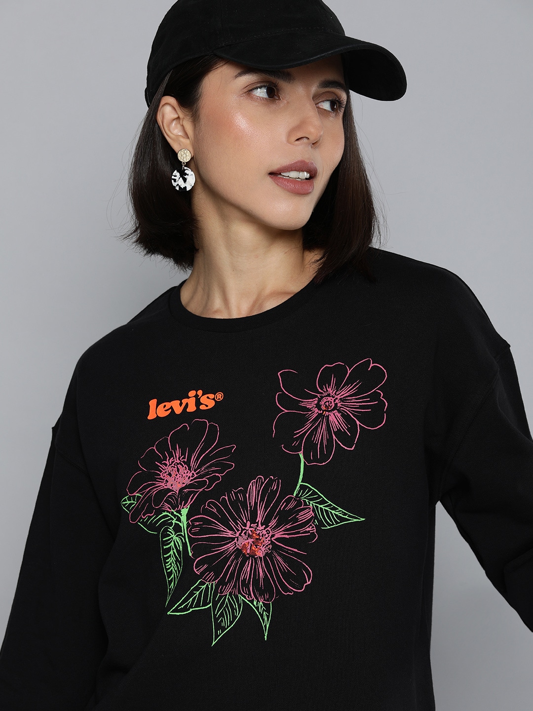 Levis Women Black Printed Drop-Shoulder Sweatshirt Price in India