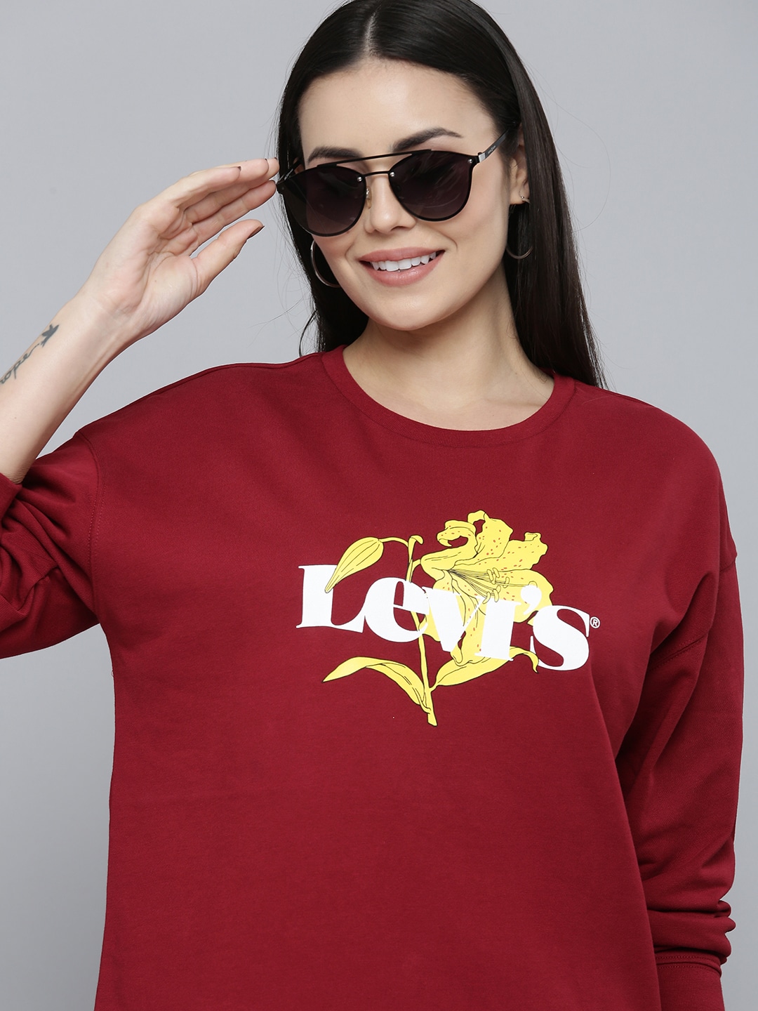 Levis Women Maroon Graphic Printed Pure Cotton Pullover Sweatshirt Price in India