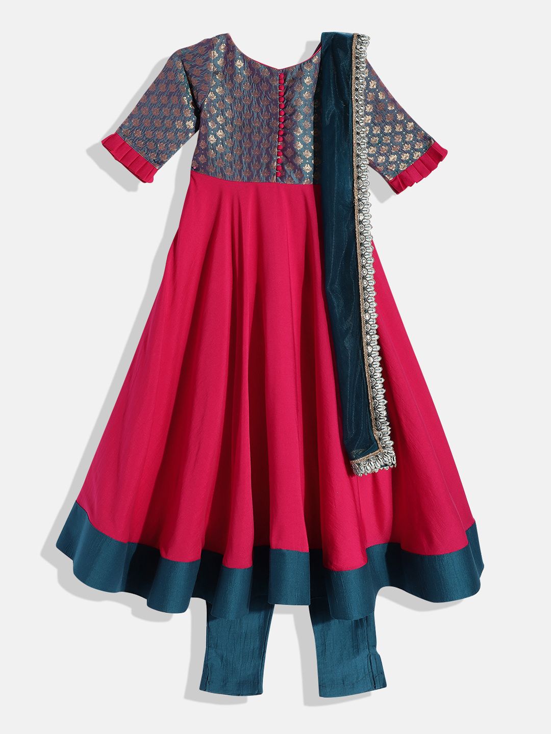 Ethnovog Girls Pink Made To Measure Ethnic Motifs Pleated Kurta with Trousers  Dupatta